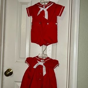 C. I. Castro Romper & Dress. Red Sailor Baby Twins outfits. NEW